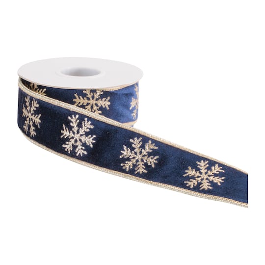 Melrose 1.5" x 5yd. Navy Blue Snowflake Wired Ribbons, 2ct.